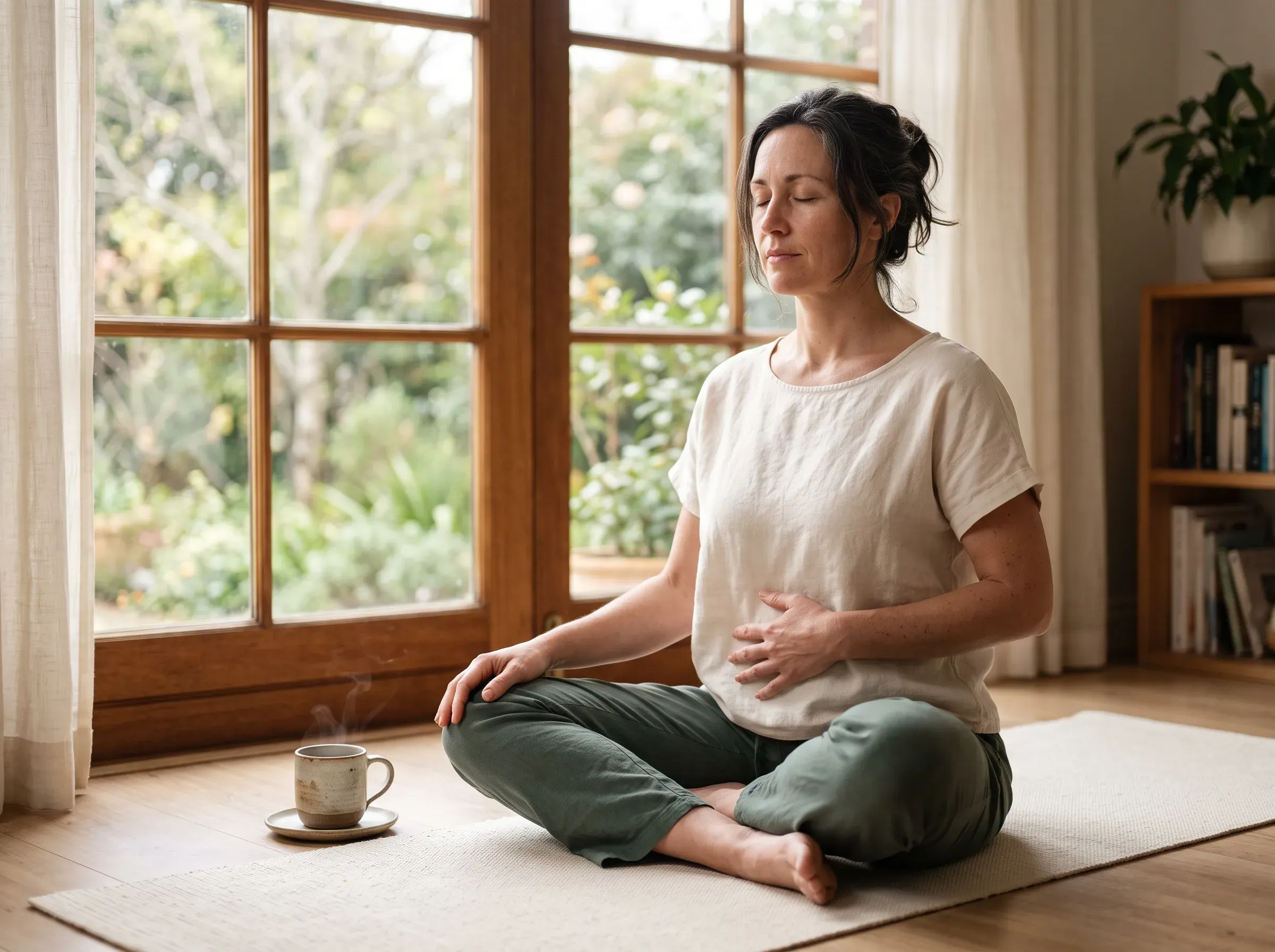 Femme assise au calme qui pratique ses exercices de Kegel en respirant