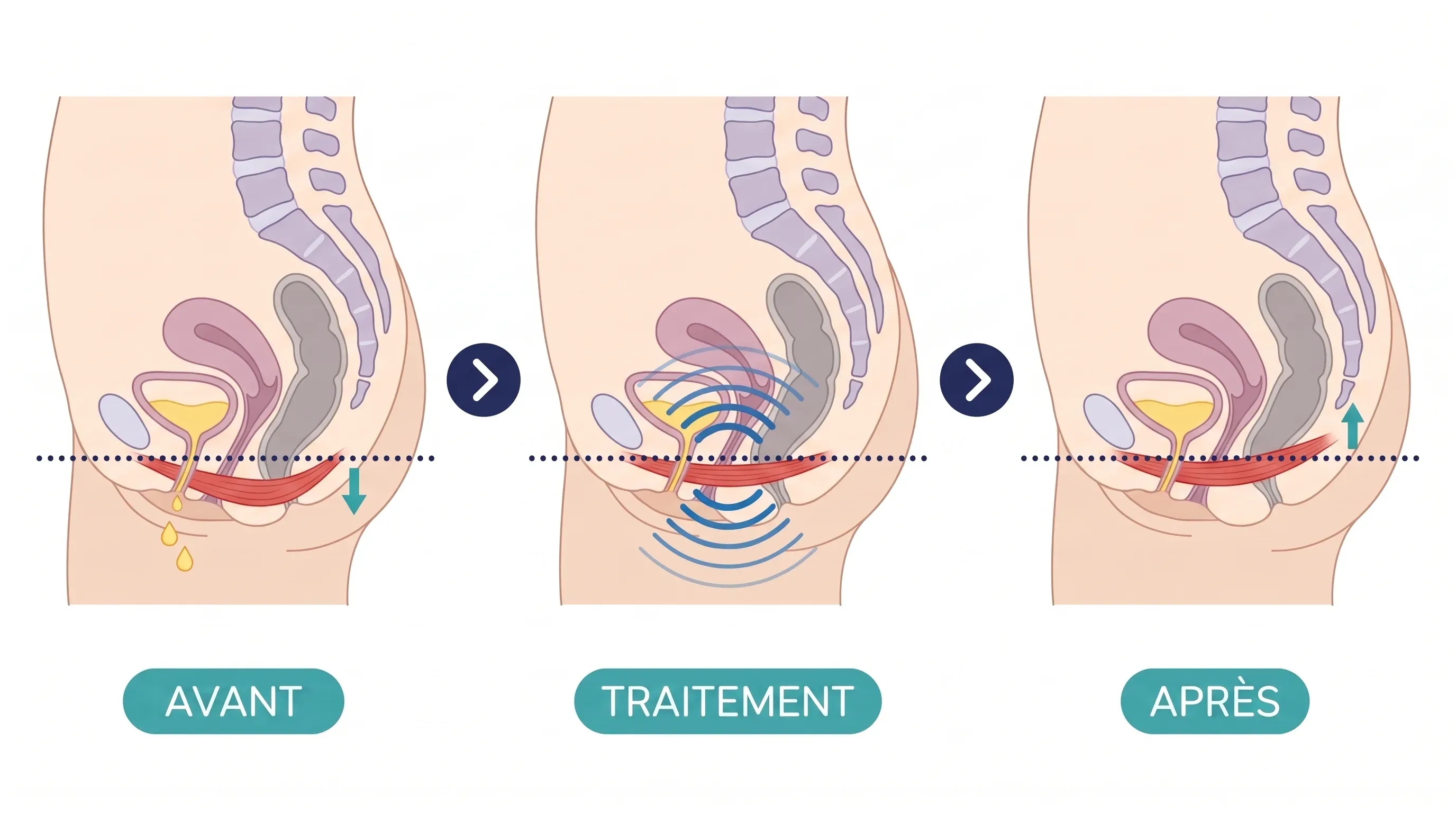 Infographie médicale en trois temps : plancher pelvien affaibli laissant échapper des gouttes, ondes électromagnétiques stimulant le muscle, puis plancher pelvien raffermi soutenant la vessie