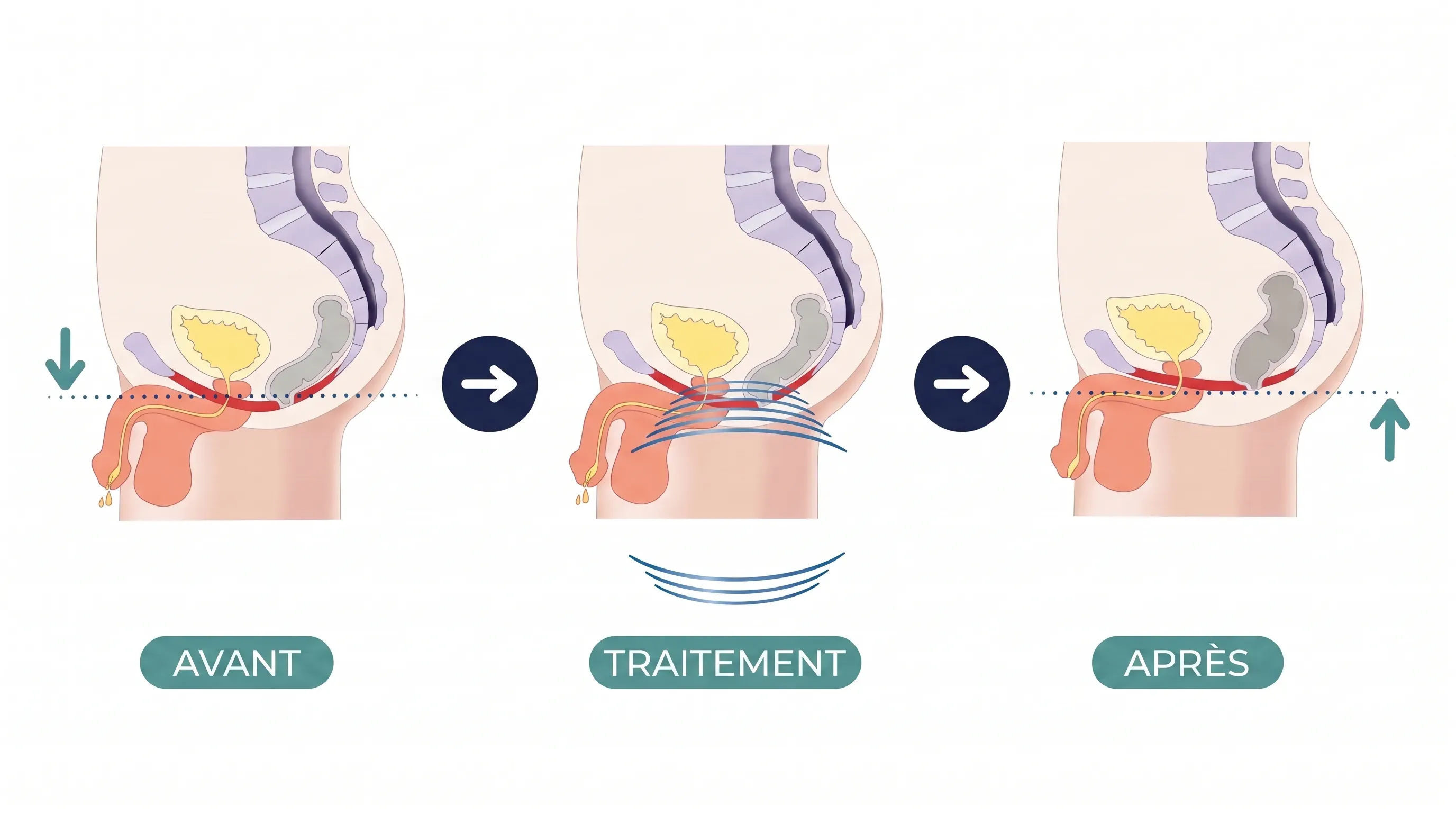 Infographie médicale en trois temps du bassin masculin : plancher pelvien affaibli laissant échapper des gouttes, ondes stimulant le muscle, puis plancher pelvien raffermi soutenant la vessie
